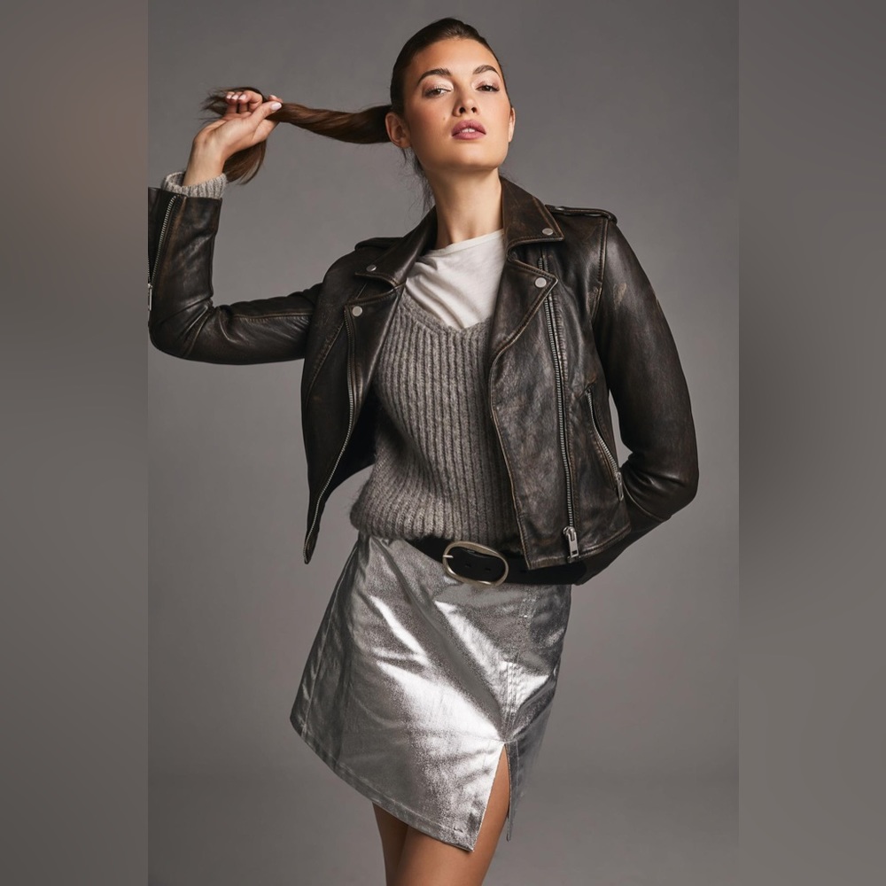 Anthropologie Maeve Metallic Faux Leather Mini Skirt Silver